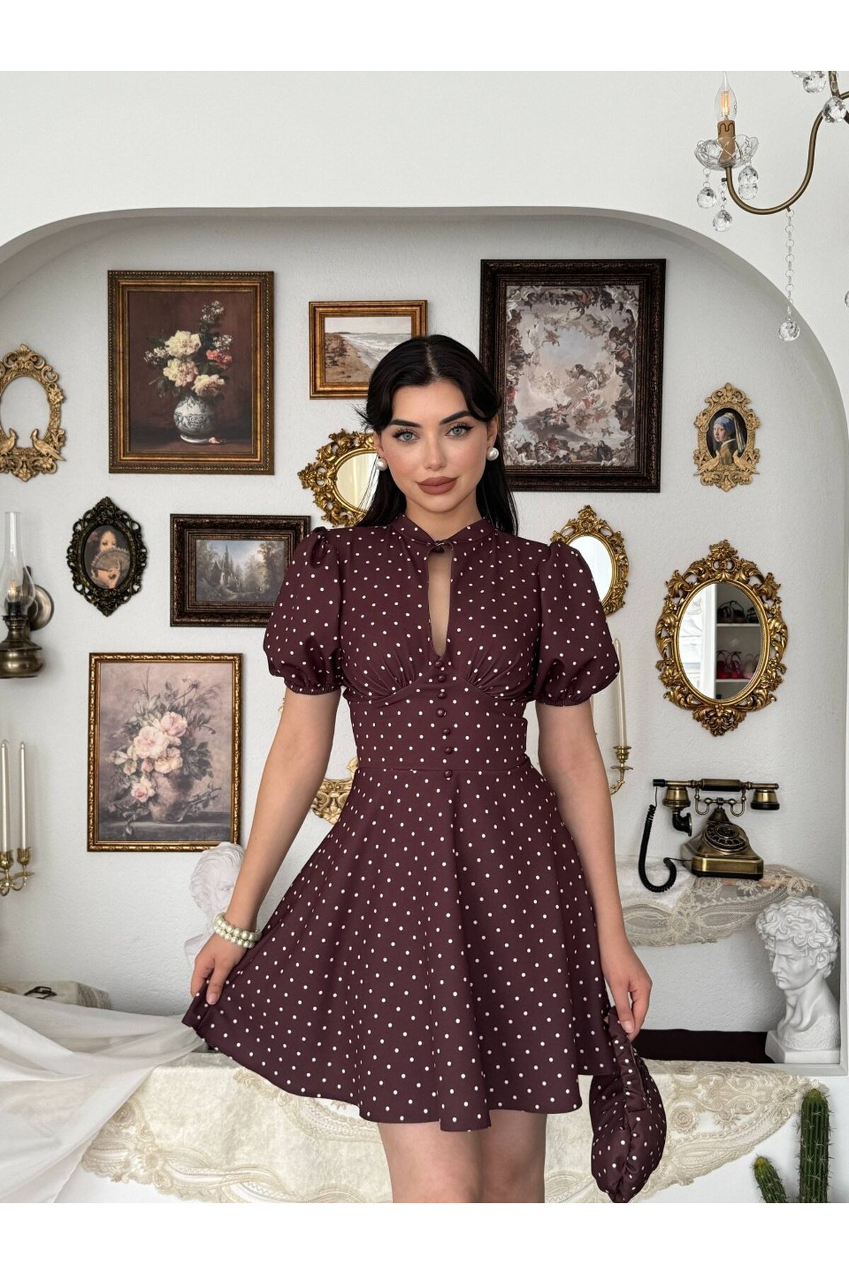 Alsace Dekolte Detaylı Elbise ETK-00925-kahve