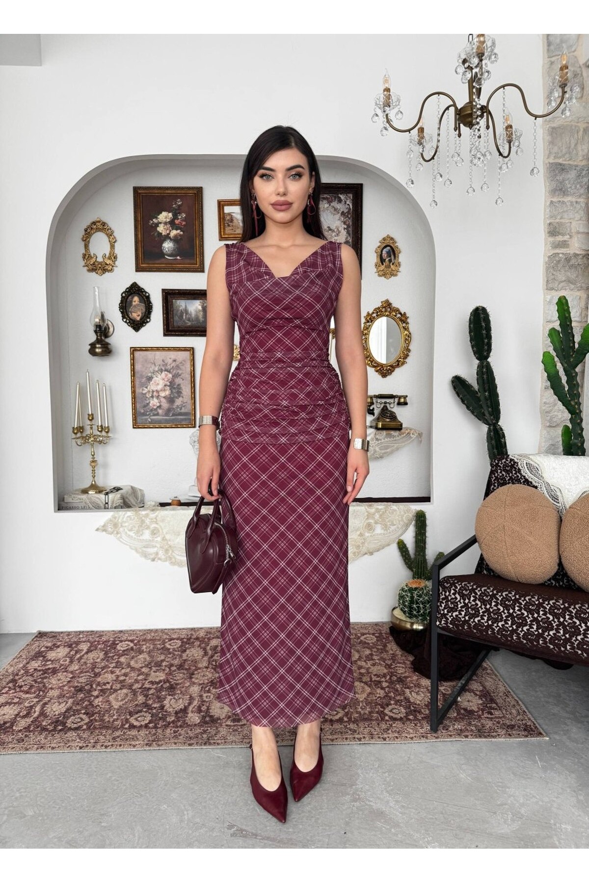 Pony Midi Elbise ETK-00937-bordo