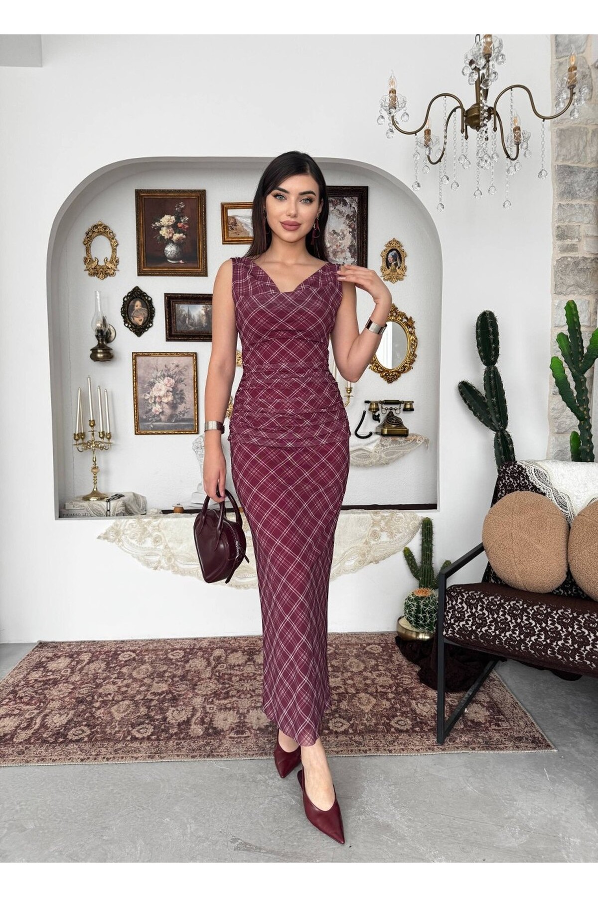 Pony Midi Elbise ETK-00937-bordo