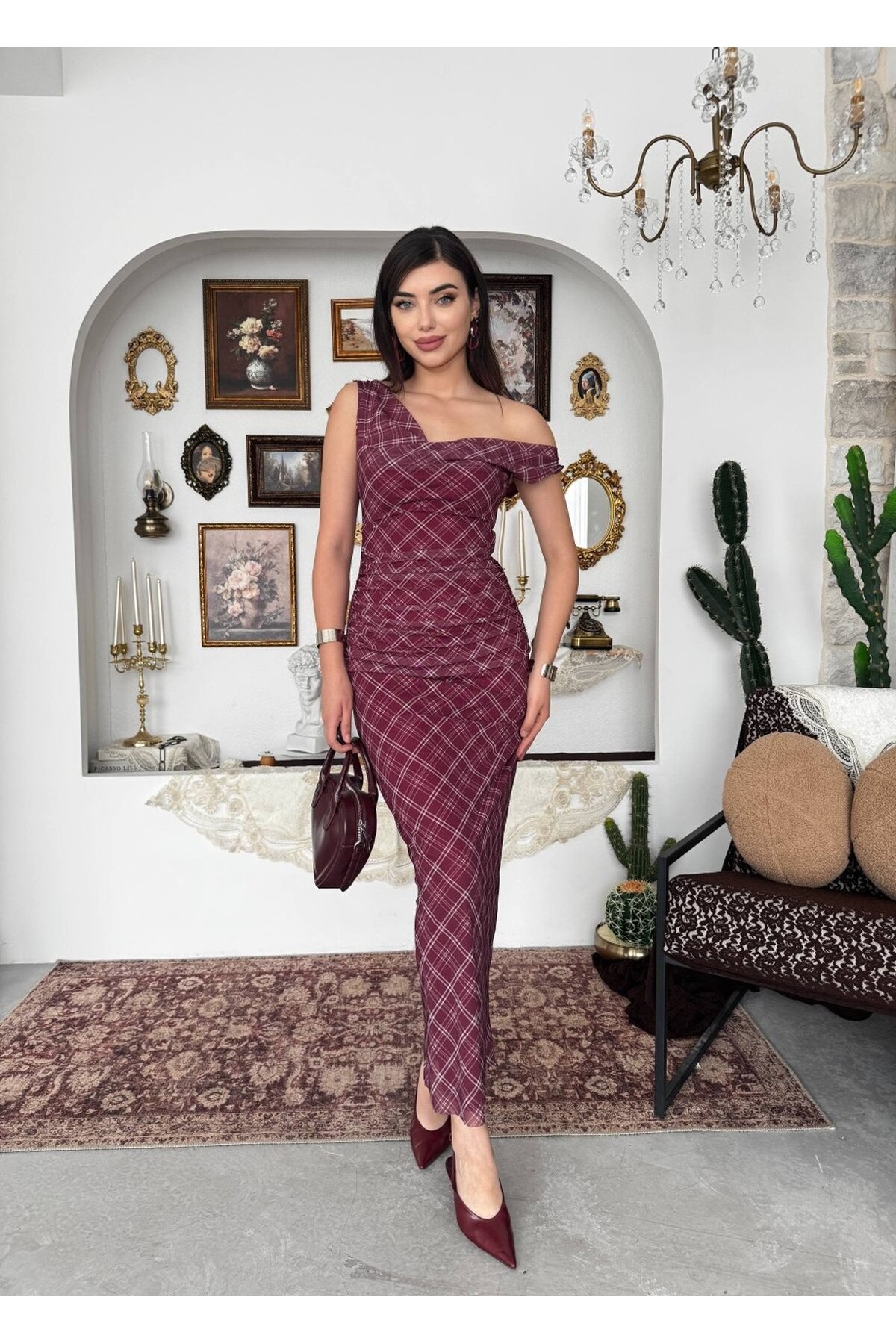 Pony Midi Elbise ETK-00937-bordo