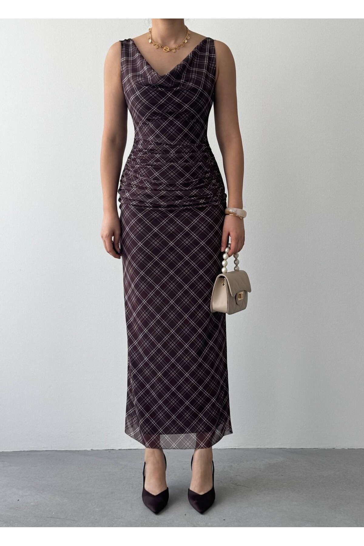 Pony Midi Elbise ETK-00937-kahve