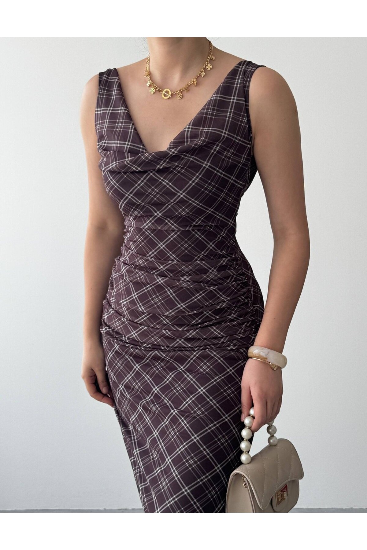 Pony Midi Elbise ETK-00937-kahve