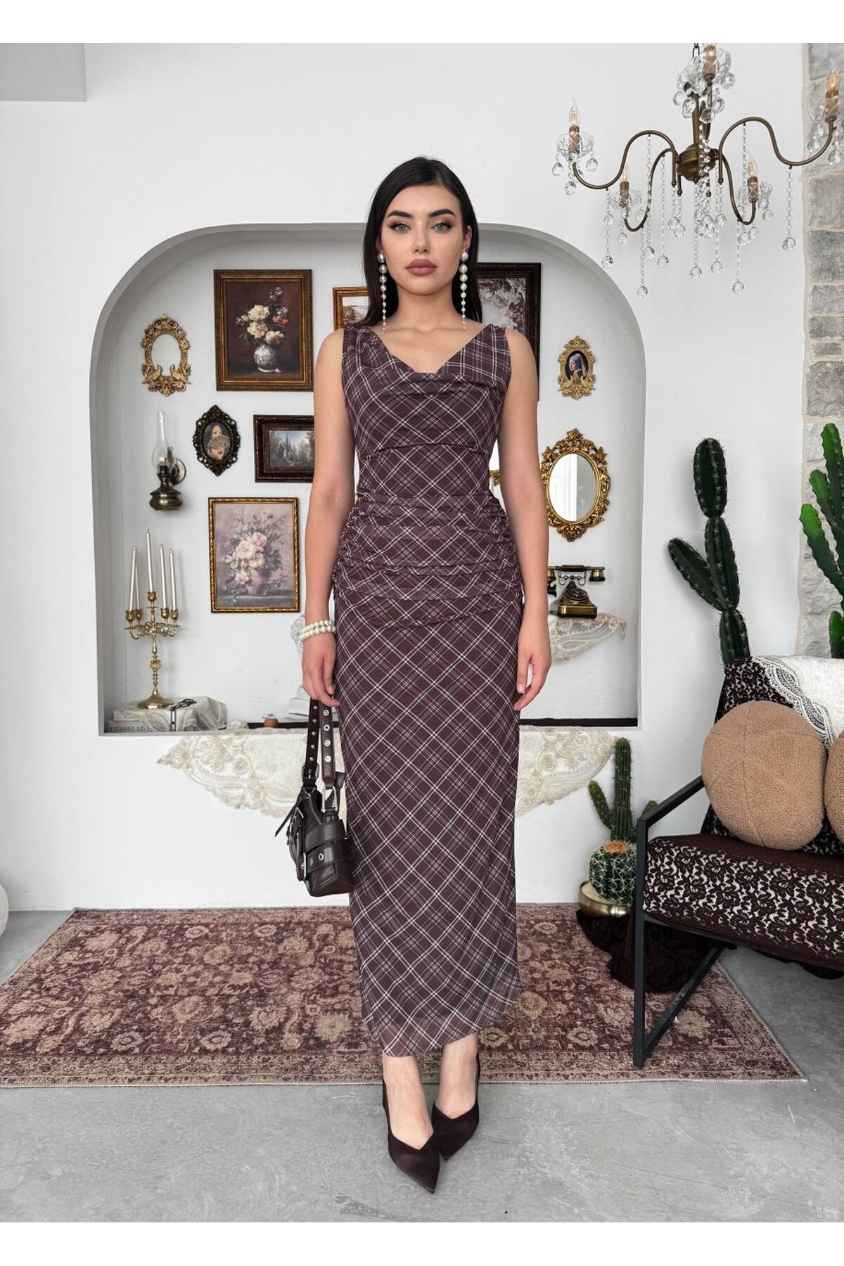 Pony Midi Elbise ETK-00937-kahve