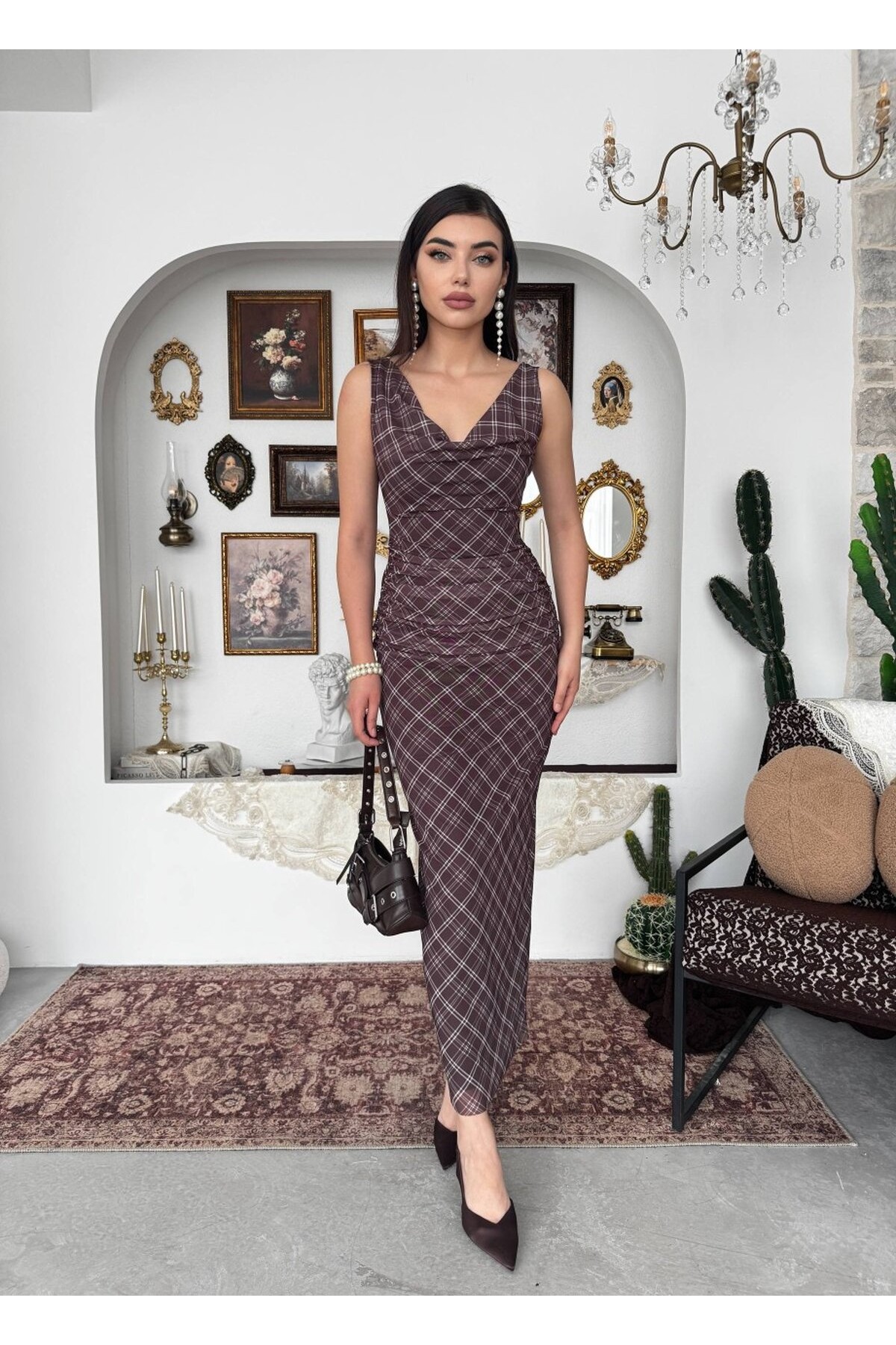 Pony Midi Elbise ETK-00937-kahve