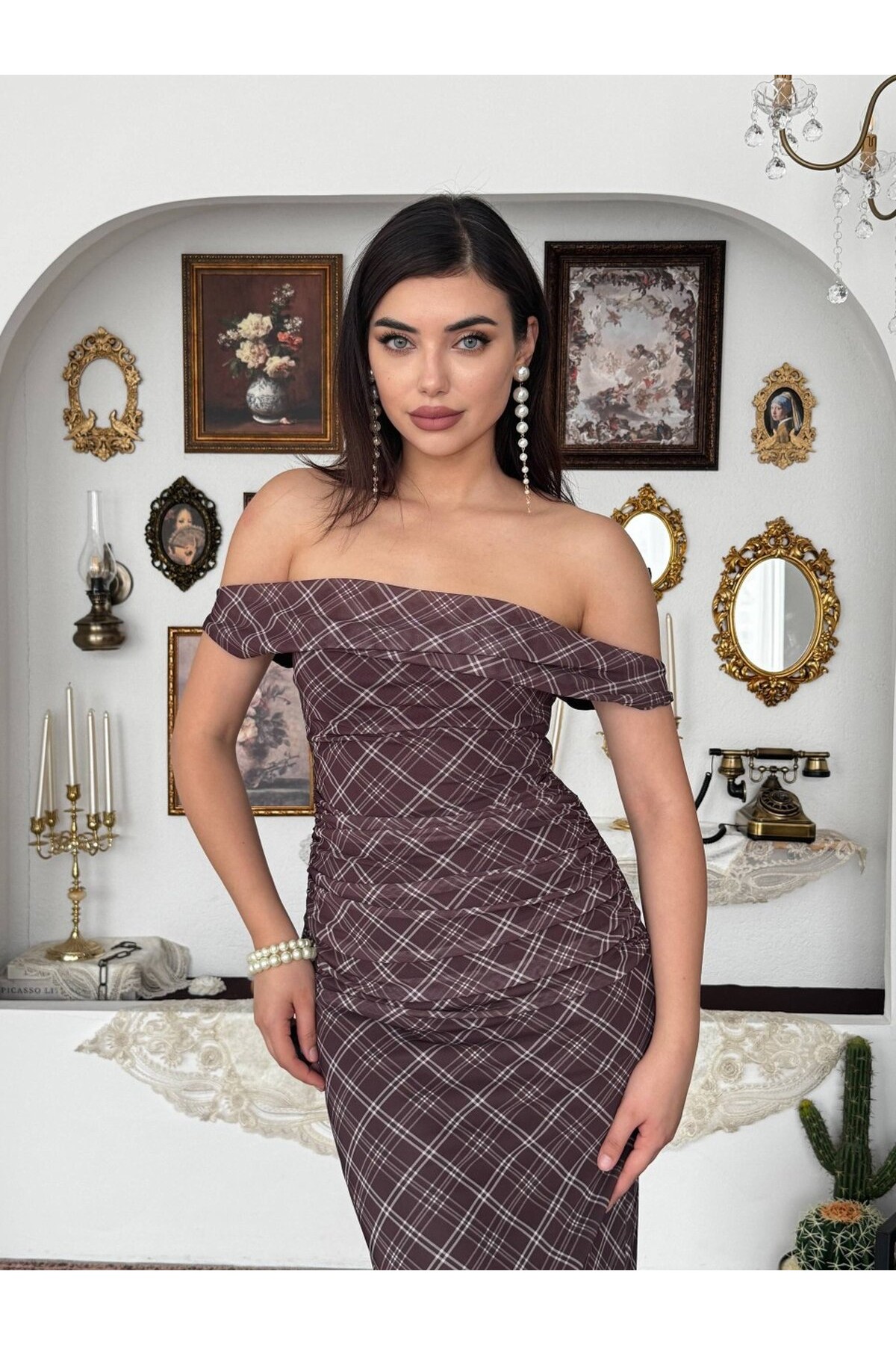 Pony Midi Elbise ETK-00937-kahve
