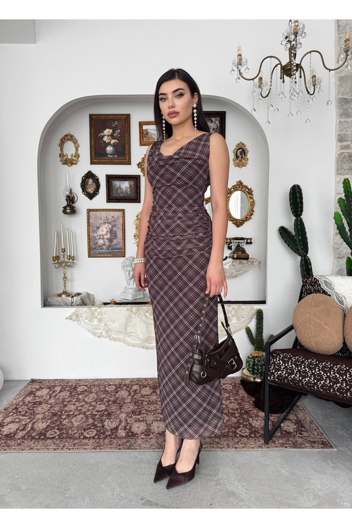 Pony Midi Elbise ETK-00937-kahve