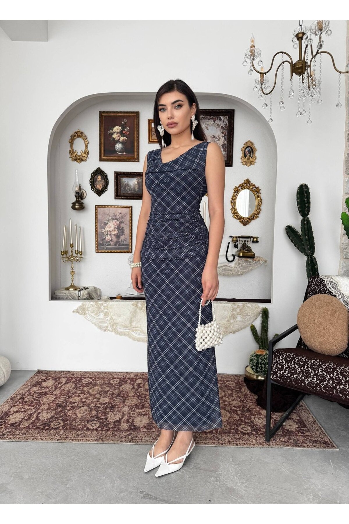 Pony Midi Elbise ETK-00937-lacivert