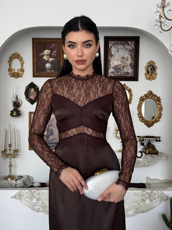 Nori Transparan Elbise ETK-00943-kahve