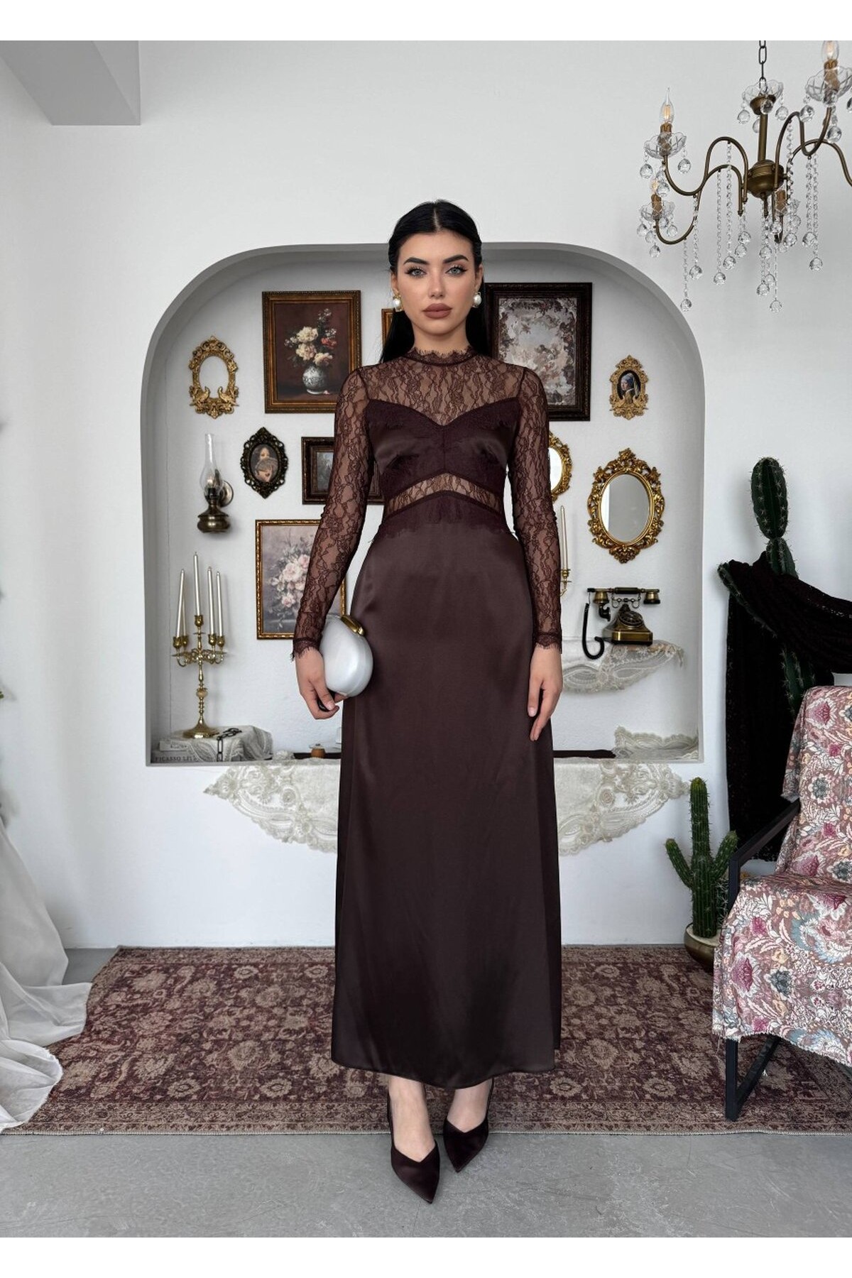 Nori Transparan Elbise ETK-00943-kahve
