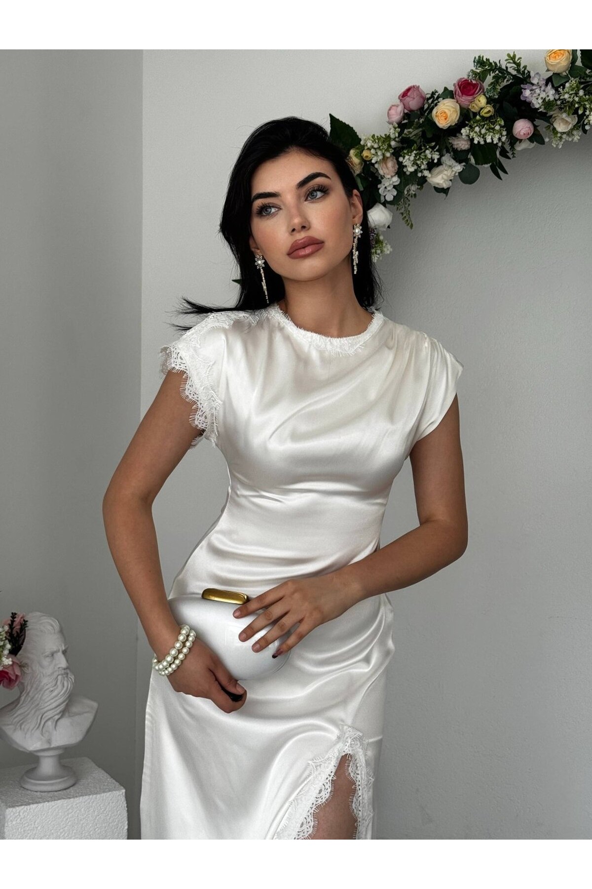 Peam Yırtmaç Detaylı Elbise ETK-00946-ekru
