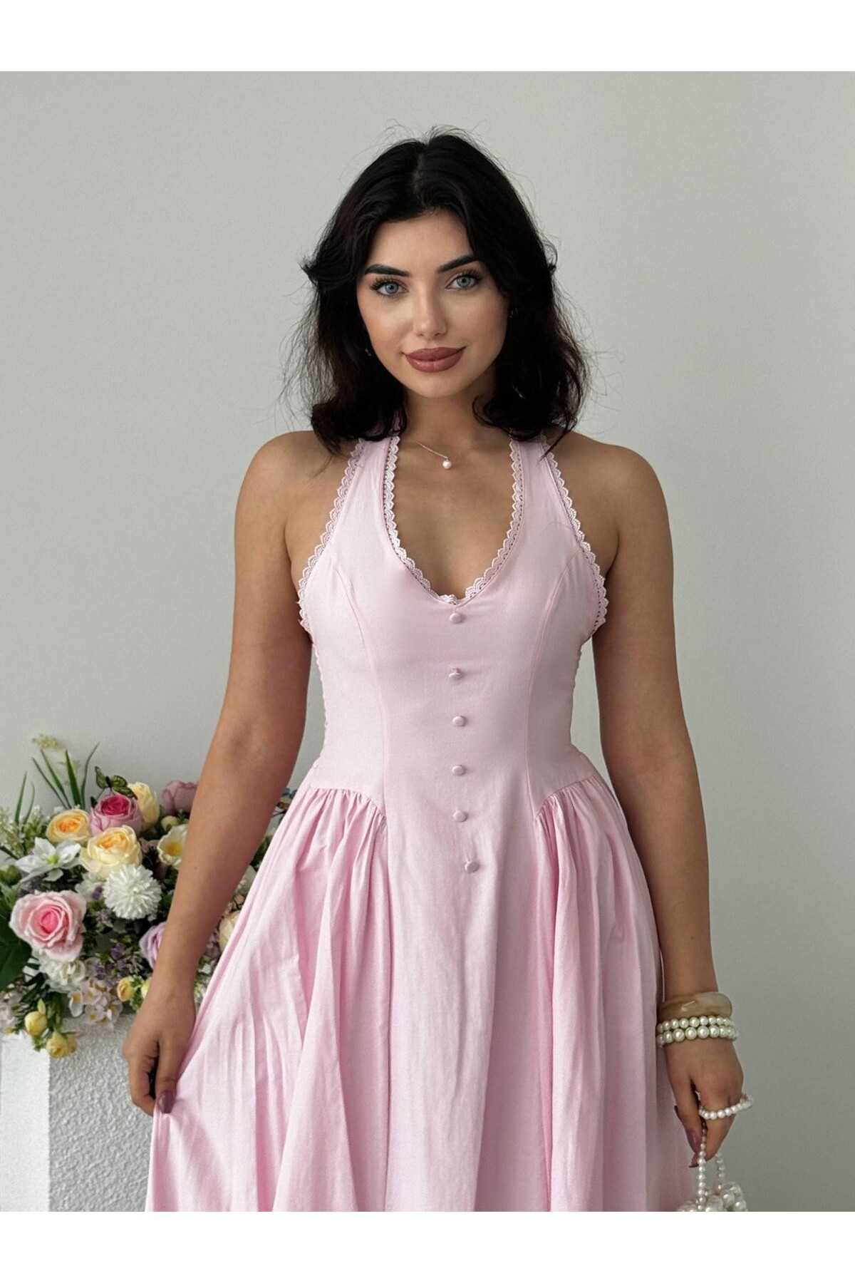 Smen Düğme Detaylı Elbise ETK-00947-pembe