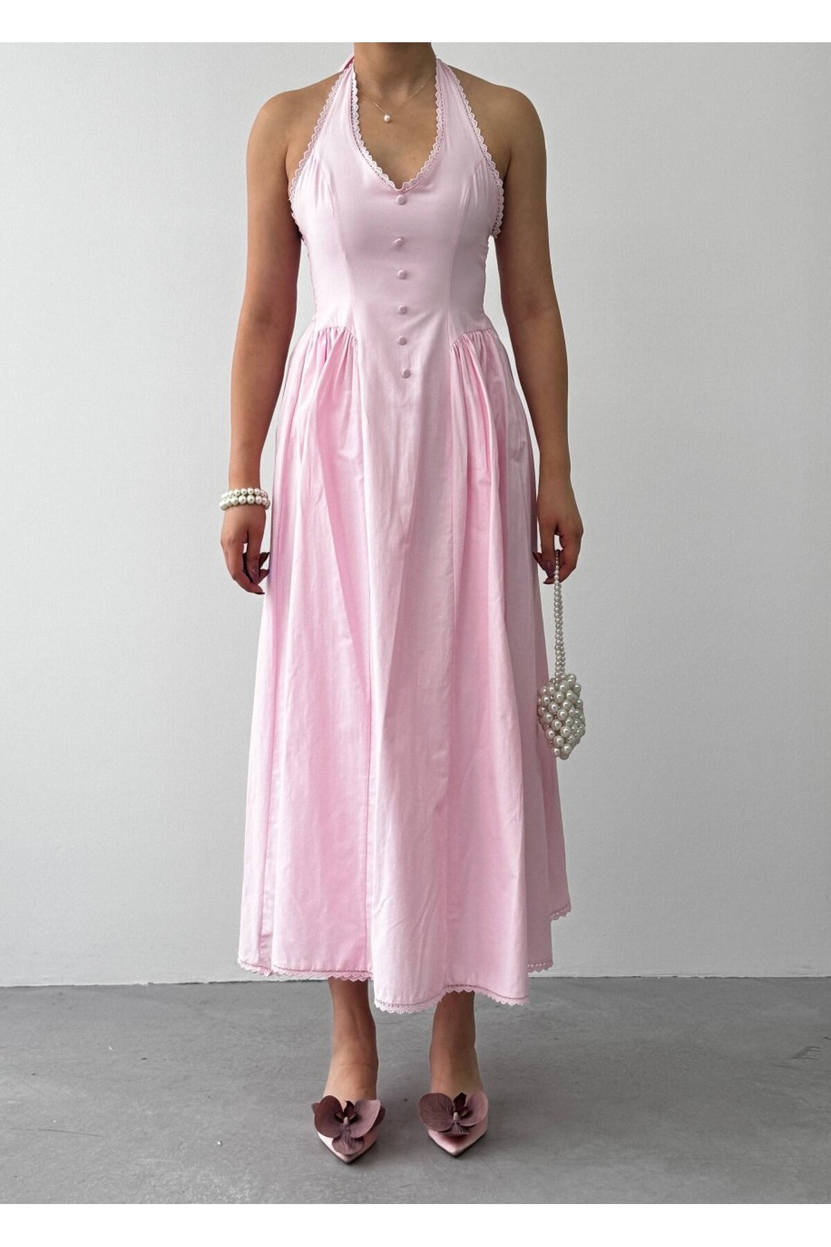 Smen Düğme Detaylı Elbise ETK-00947-pembe