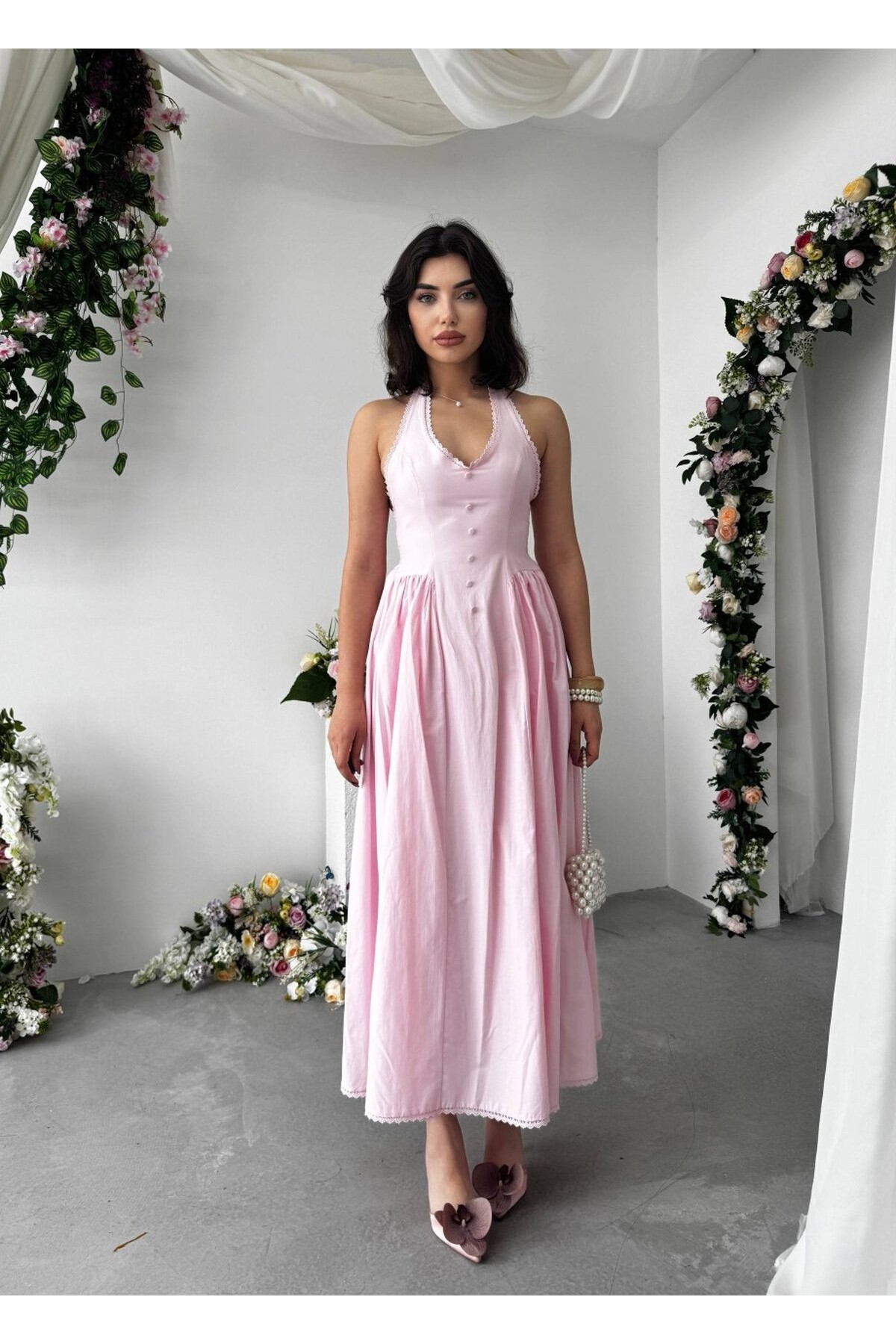 Smen Düğme Detaylı Elbise ETK-00947-pembe