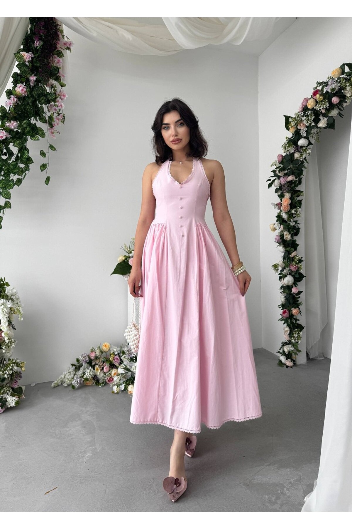 Smen Düğme Detaylı Elbise ETK-00947-pembe