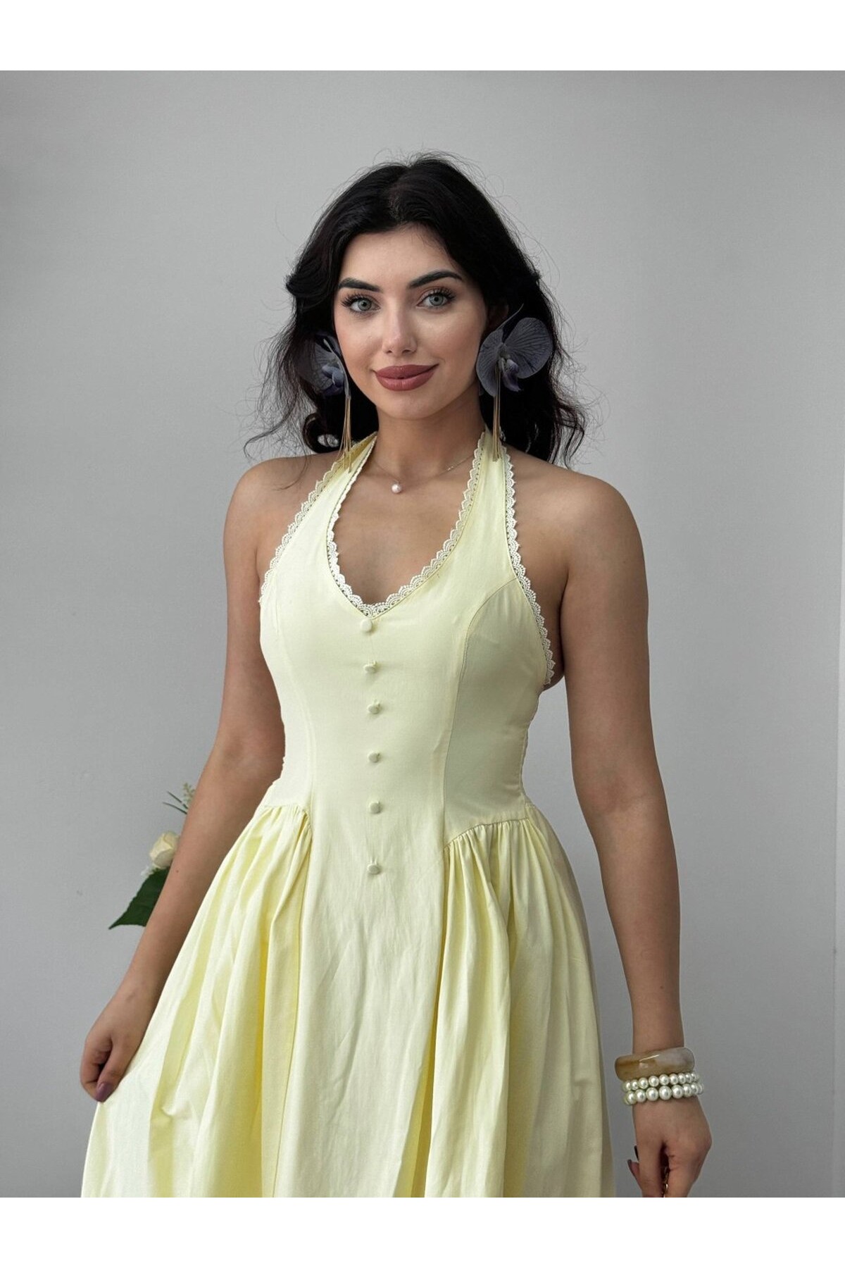 Smen Düğme Detaylı Elbise ETK-00947-sari