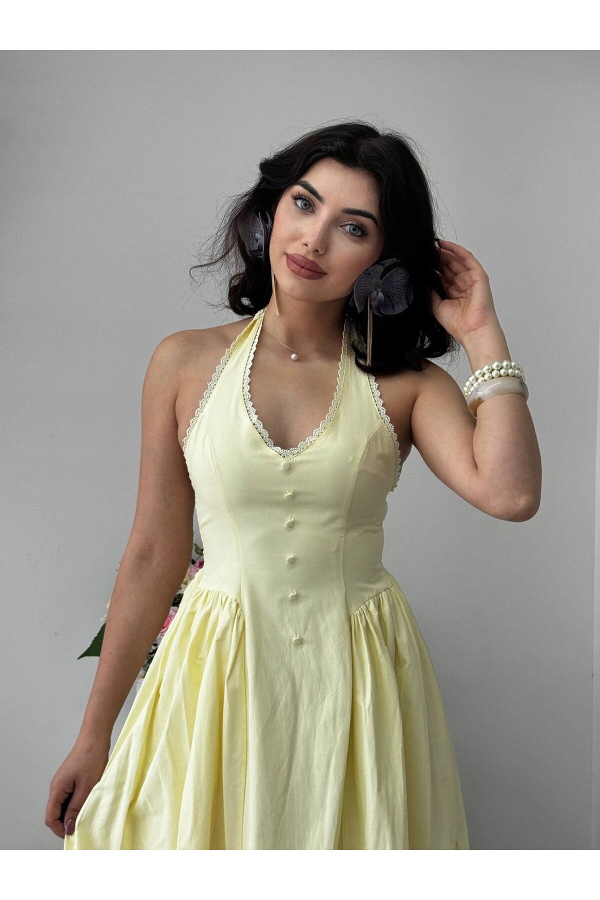 Smen Düğme Detaylı Elbise ETK-00947-sari