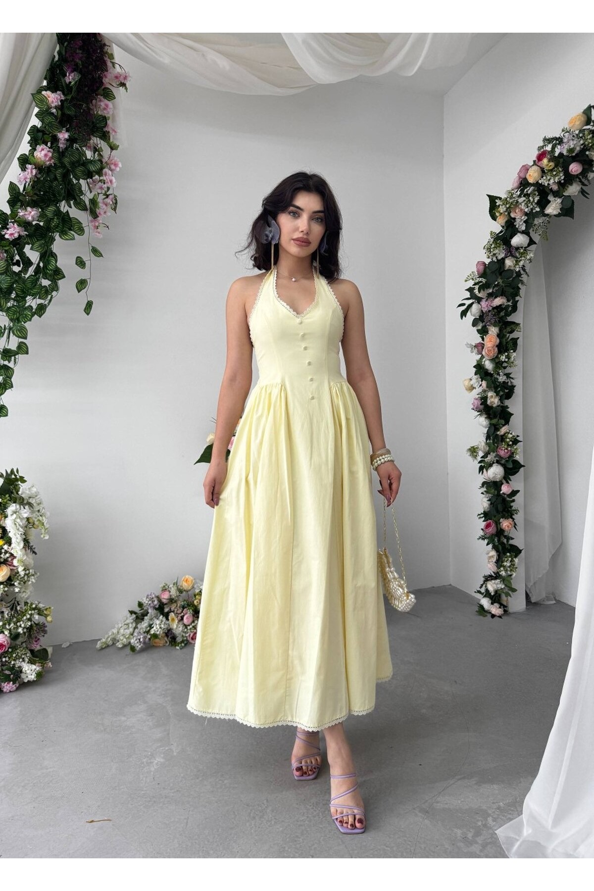 Smen Düğme Detaylı Elbise ETK-00947-sari