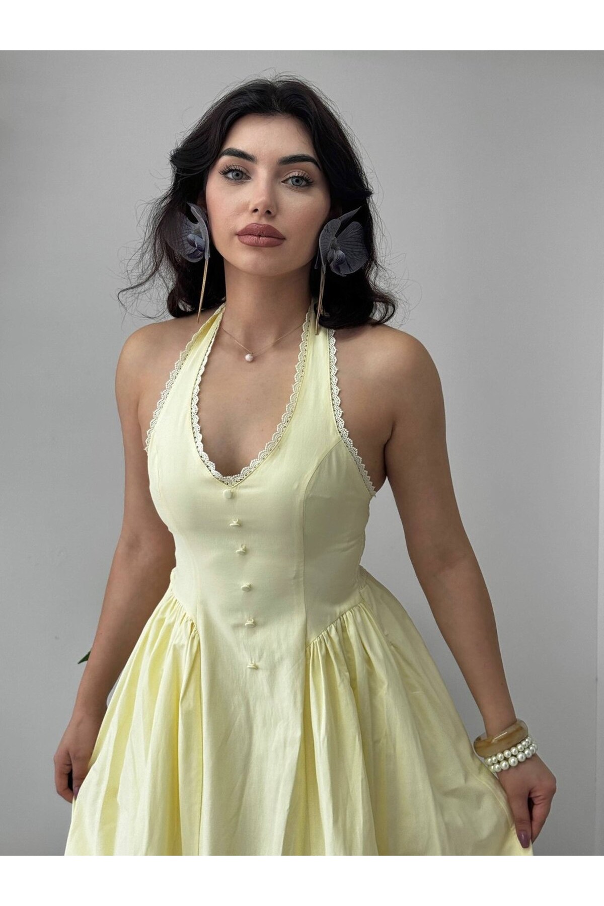 Smen Düğme Detaylı Elbise ETK-00947-sari