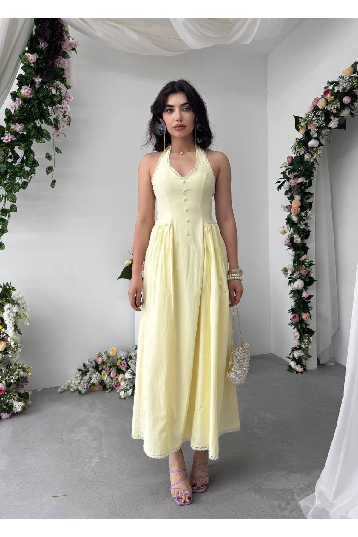 Smen Düğme Detaylı Elbise ETK-00947-sari