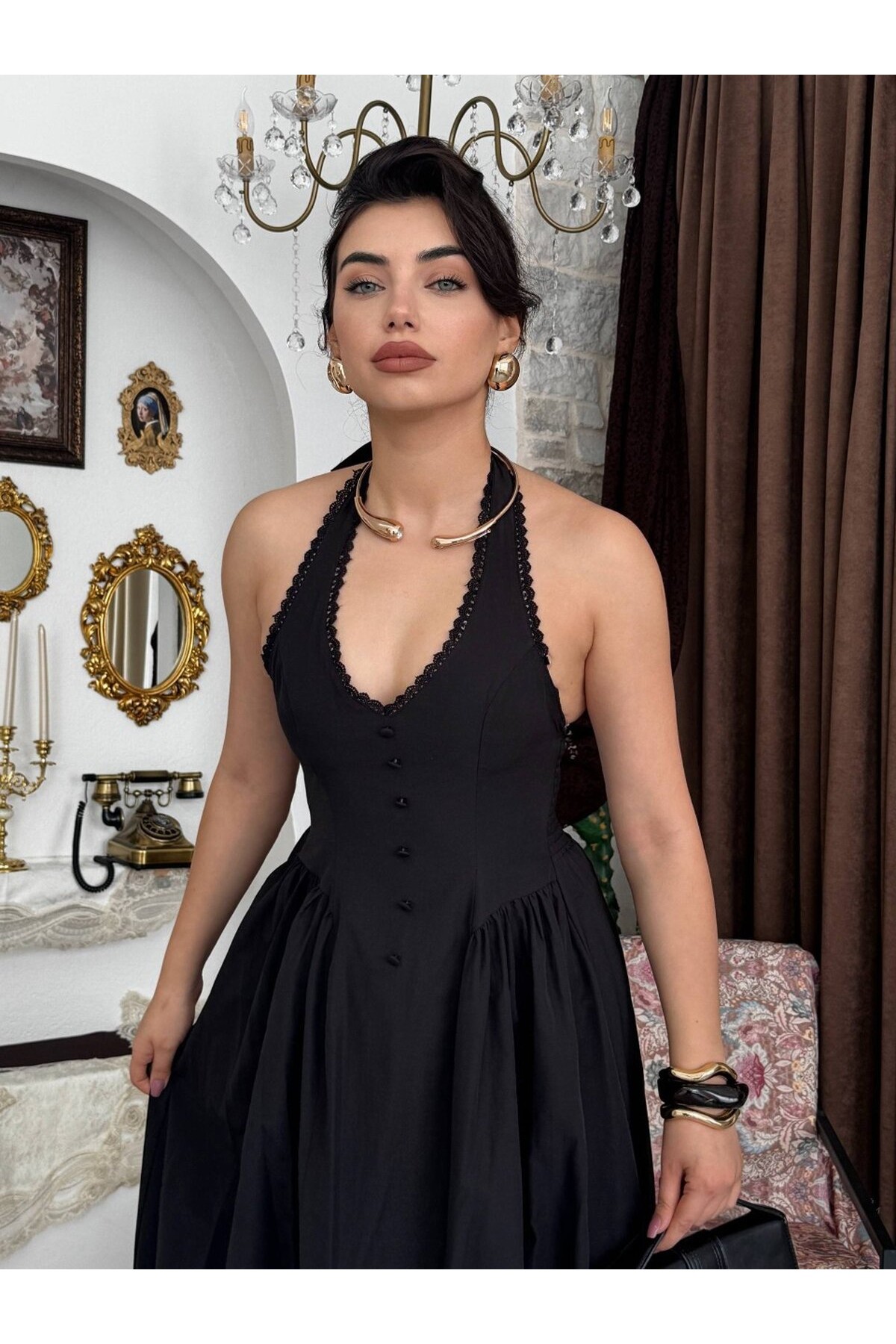 Smen Düğme Detaylı Elbise ETK-00947-siyah