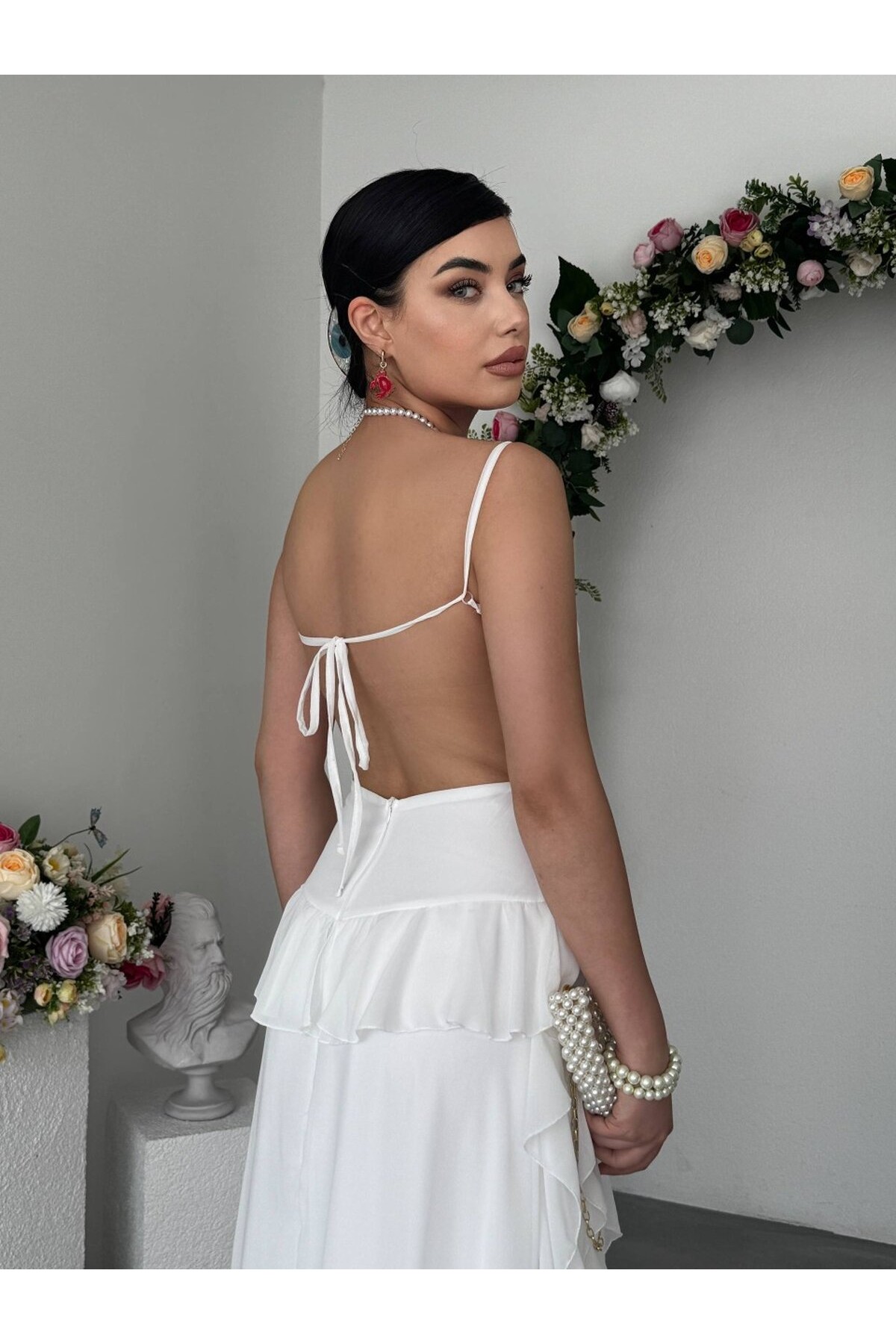 Seras Midi Elbise ETK-00950-beyaz