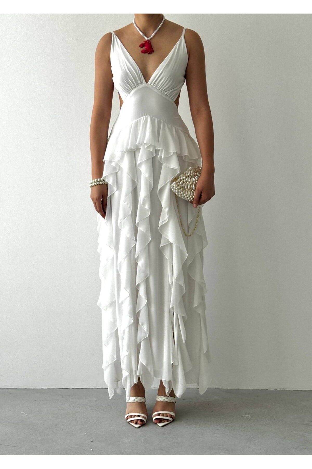 Seras Midi Elbise ETK-00950-beyaz