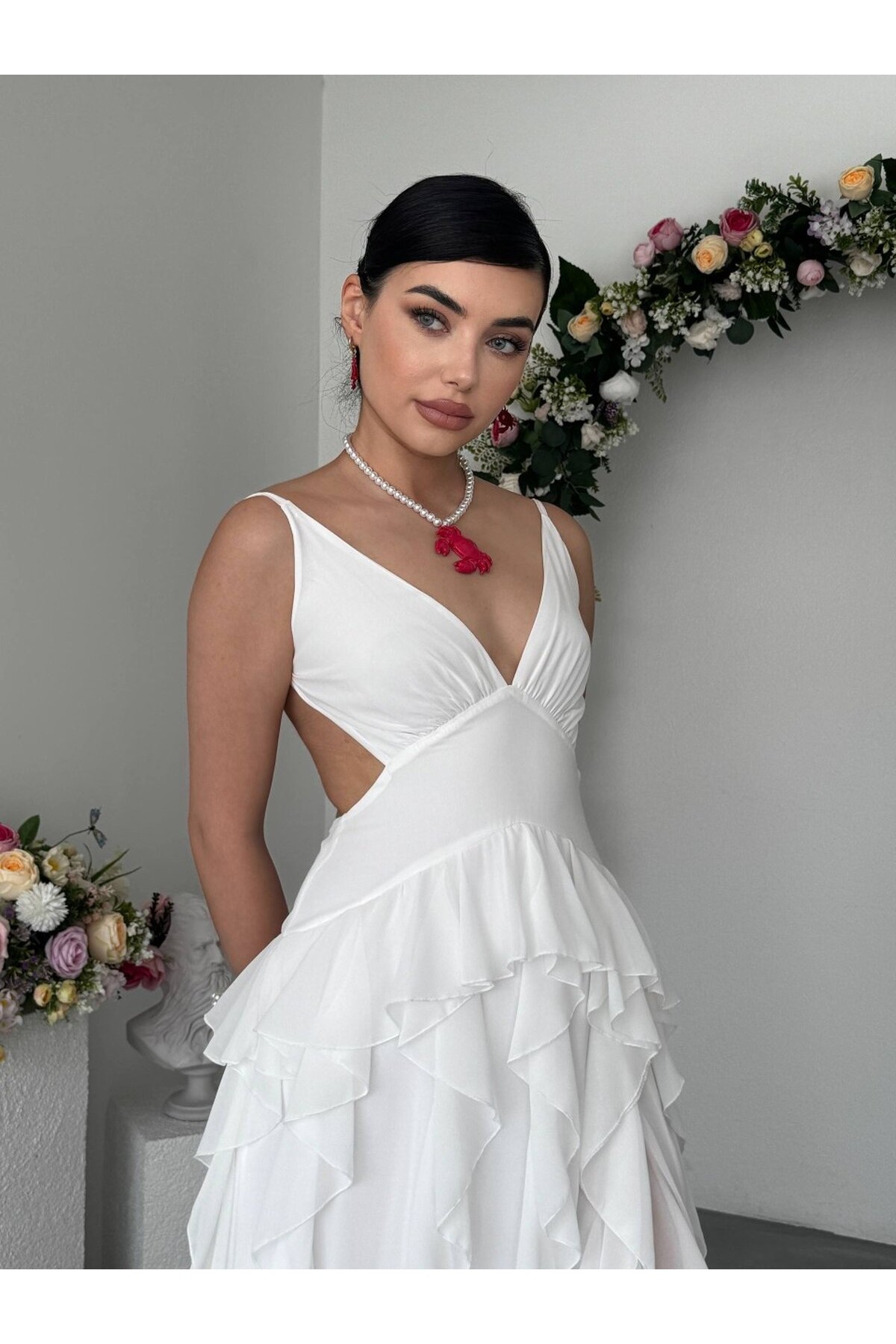 Seras Midi Elbise ETK-00950-beyaz