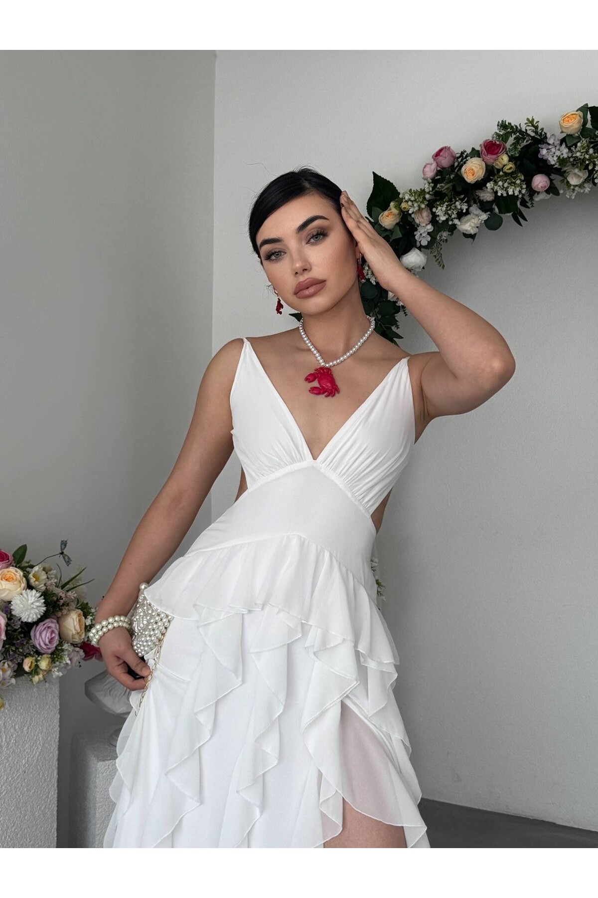 Seras Midi Elbise ETK-00950-beyaz