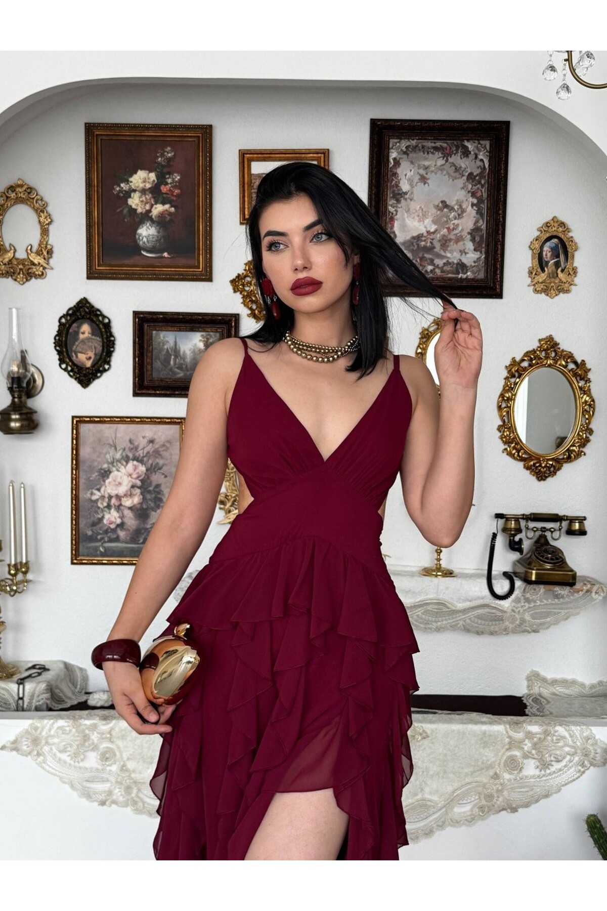 Seras Midi Elbise ETK-00950-bordo