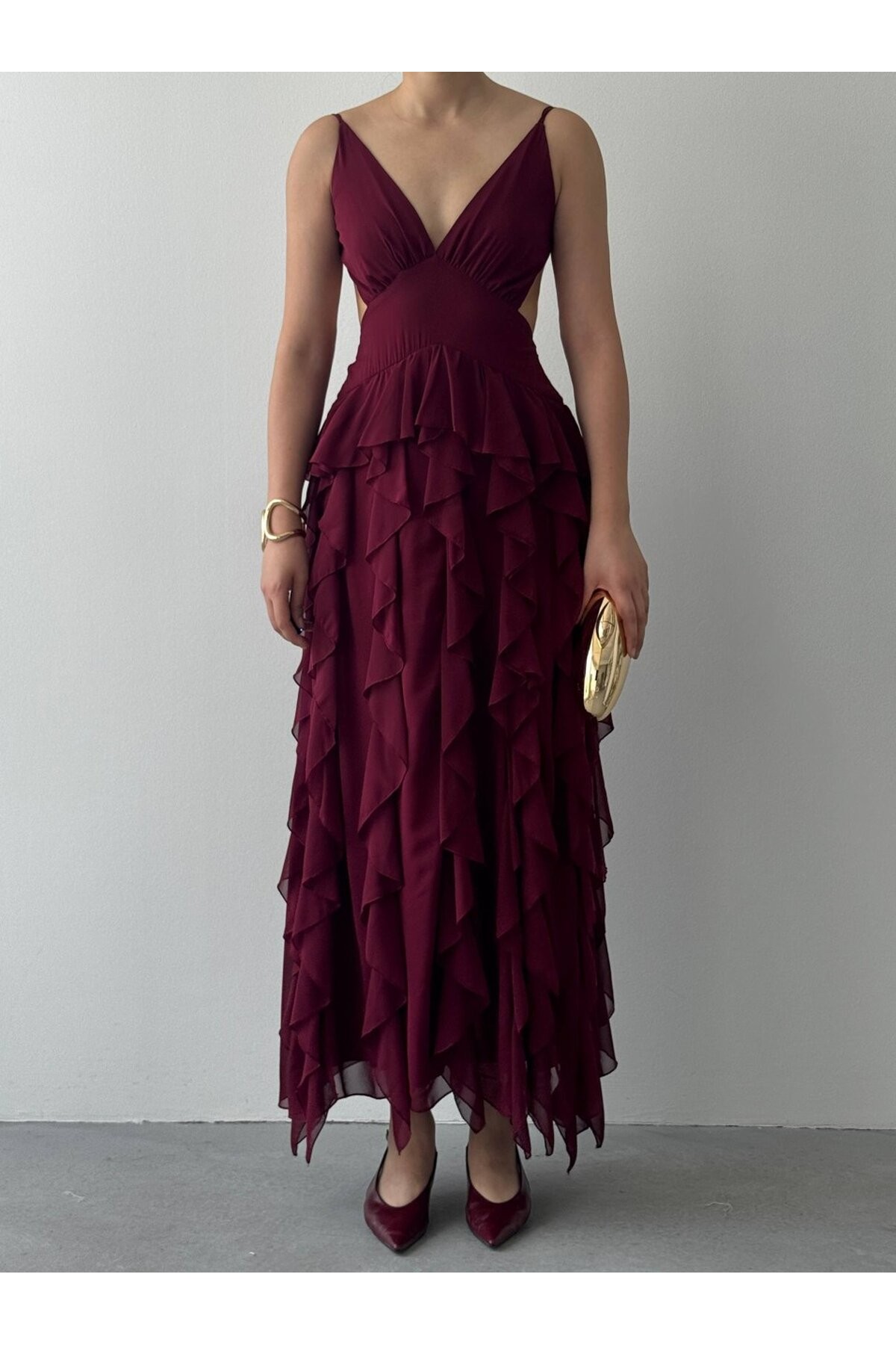 Seras Midi Elbise ETK-00950-bordo
