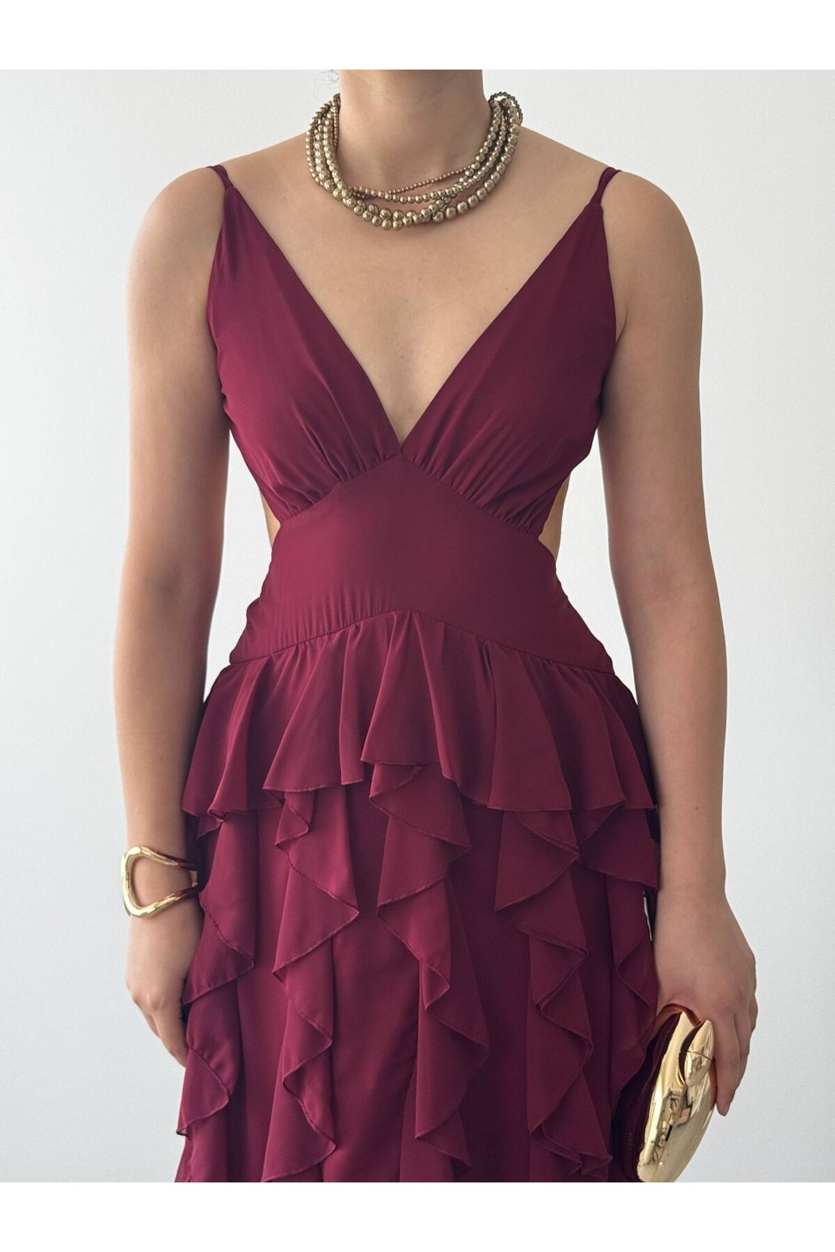 Seras Midi Elbise ETK-00950-bordo