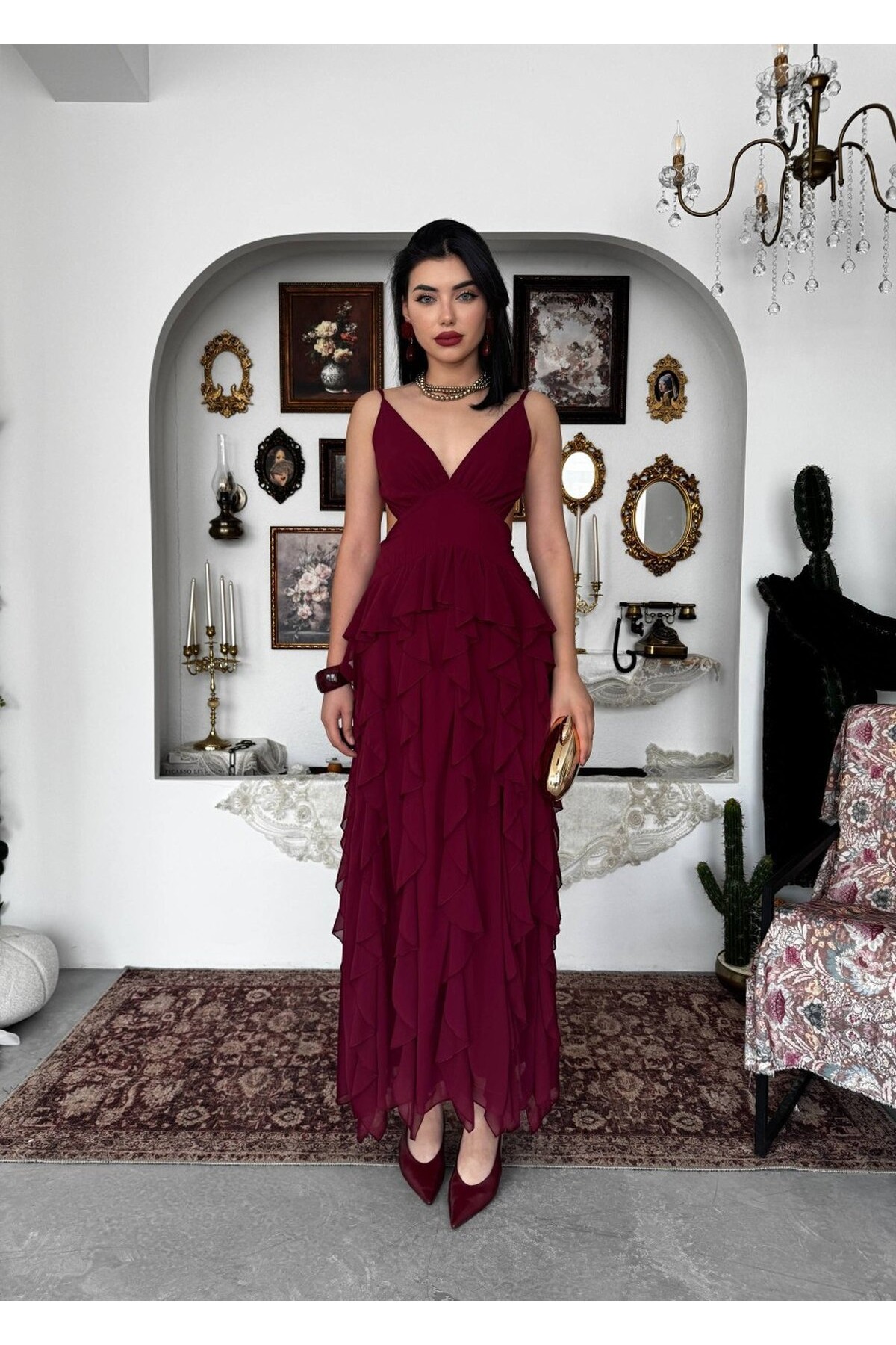 Seras Midi Elbise ETK-00950-bordo