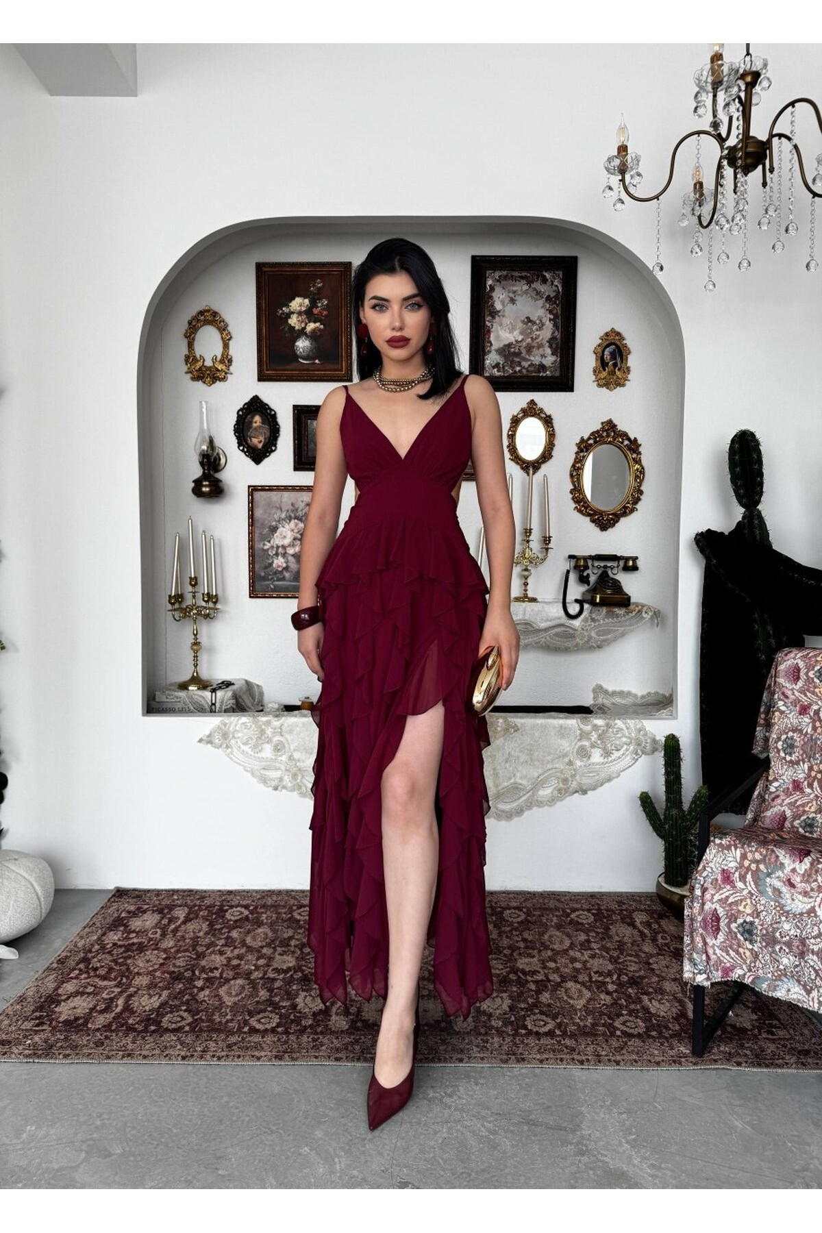 Seras Midi Elbise ETK-00950-bordo