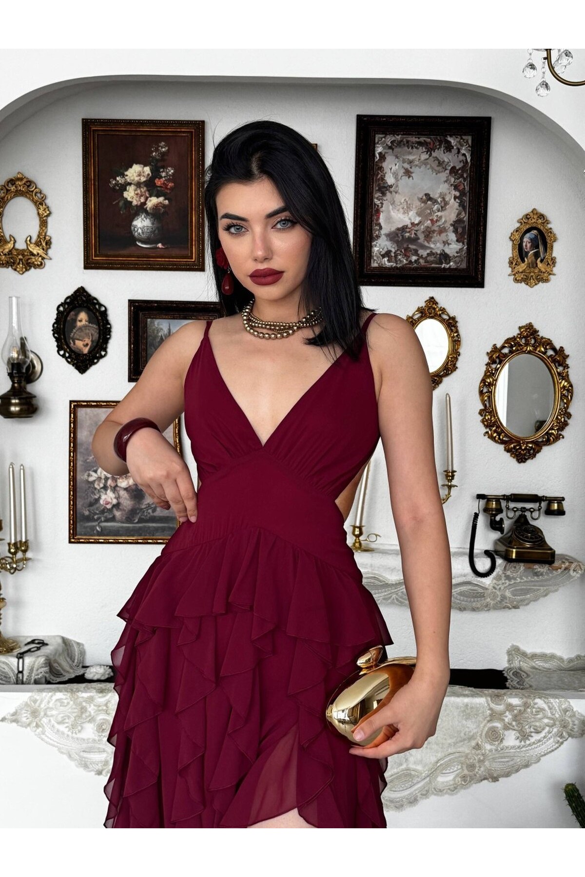 Seras Midi Elbise ETK-00950-bordo