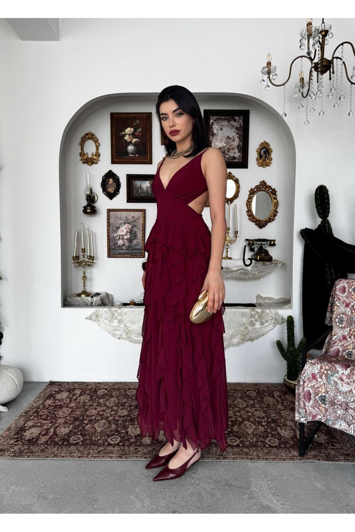 Seras Midi Elbise ETK-00950-bordo