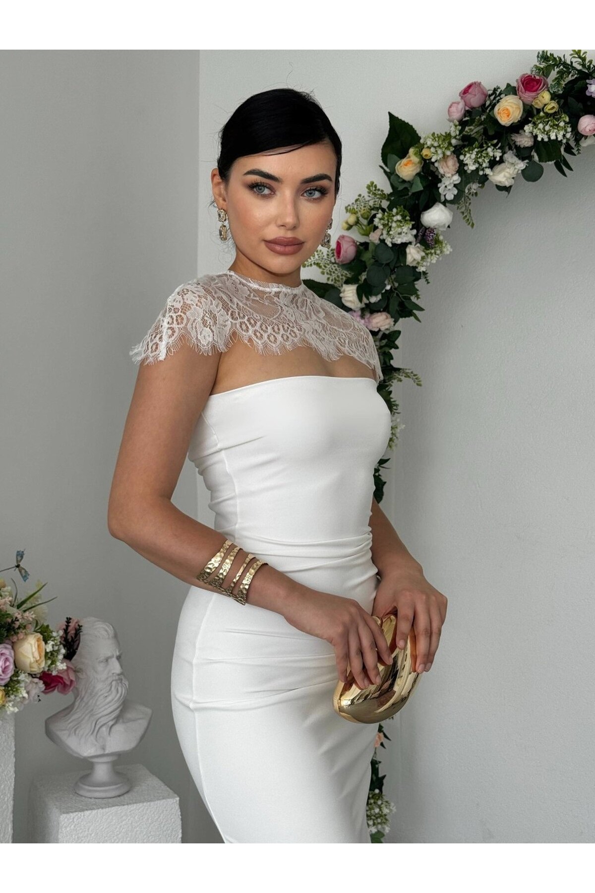 Jecan Omuz Pelerin Detaylı Elbise  ETK-00951-beyaz