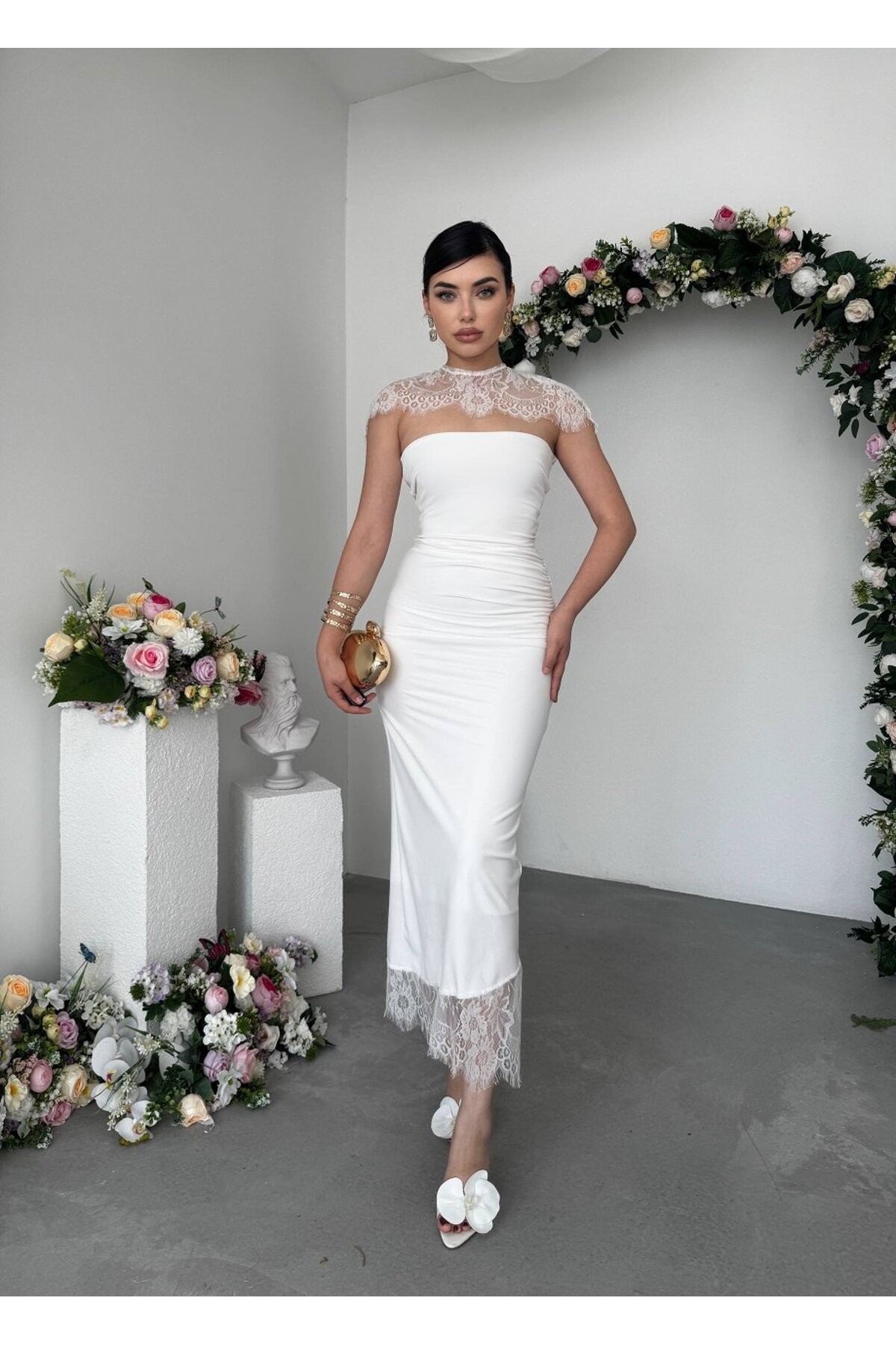 Jecan Omuz Pelerin Detaylı Elbise  ETK-00951-beyaz