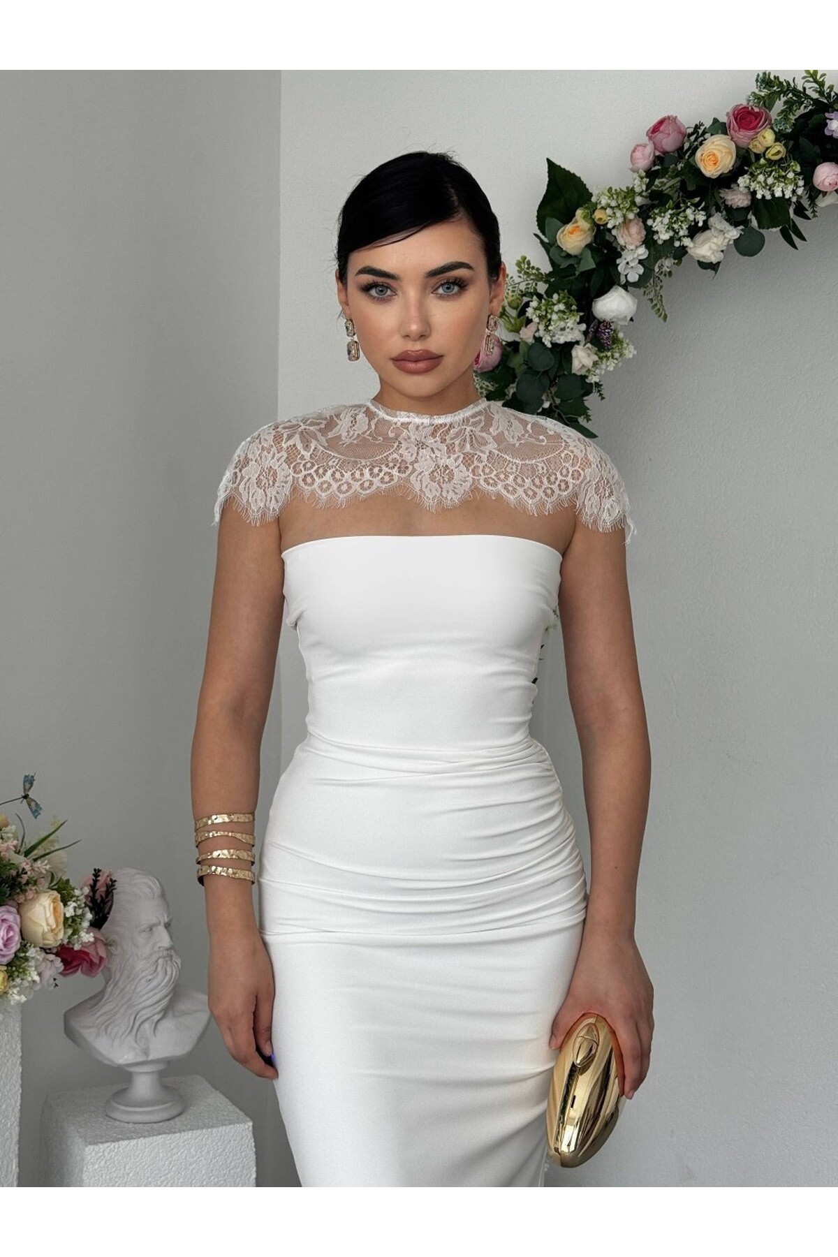 Jecan Omuz Pelerin Detaylı Elbise  ETK-00951-beyaz