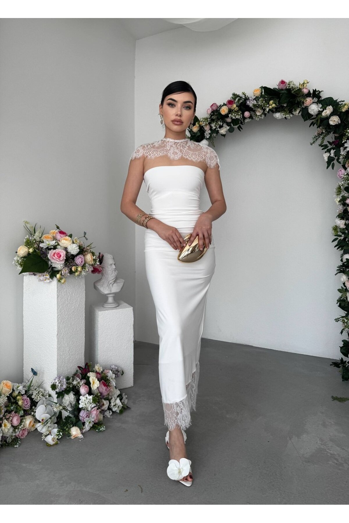 Jecan Omuz Pelerin Detaylı Elbise  ETK-00951-beyaz