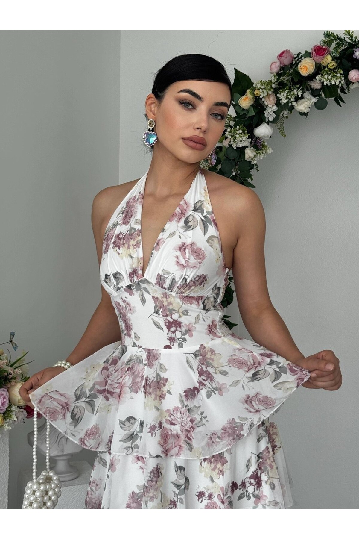 Sanmı Midi Elbise ETK-00953-cicek-desen