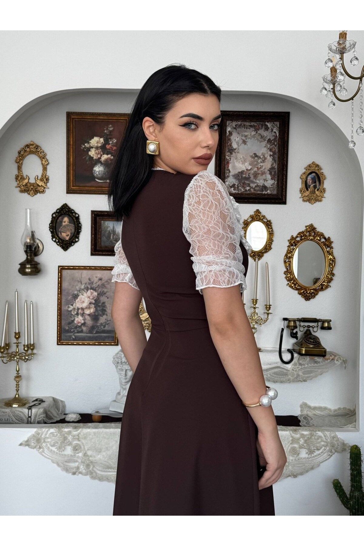 Esane Broş Detaylı Elbise ETK-00954-kahve