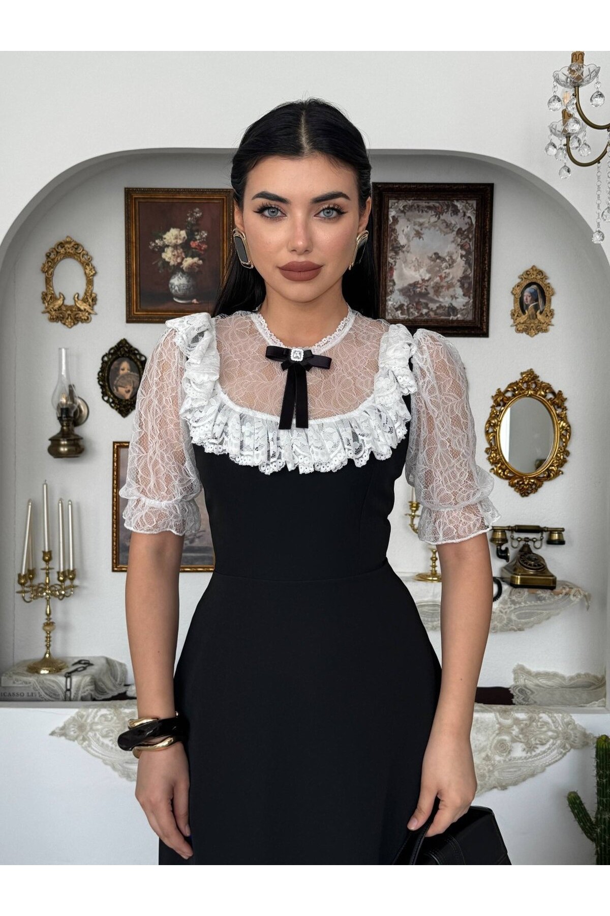 Esane Broş Detaylı Elbise ETK-00954-siyah