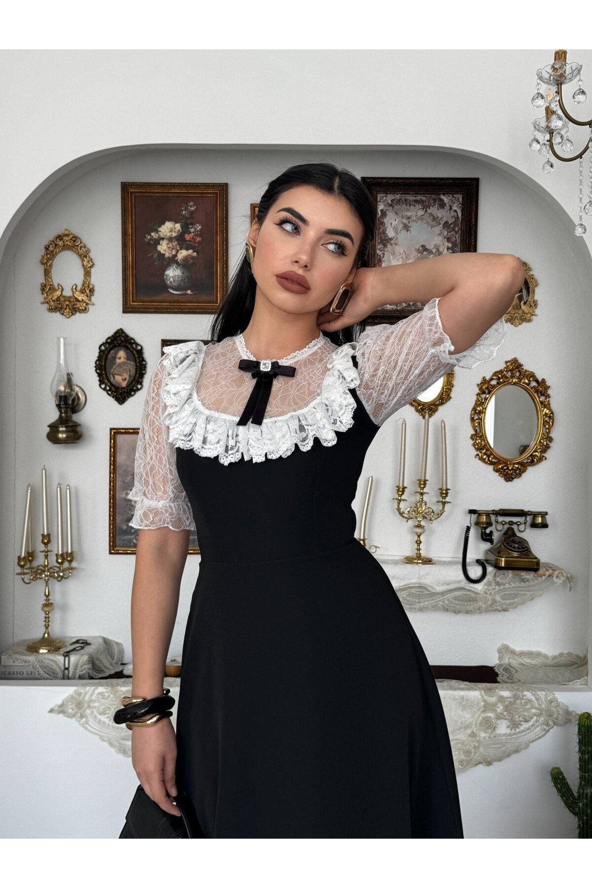 Esane Broş Detaylı Elbise ETK-00954-siyah