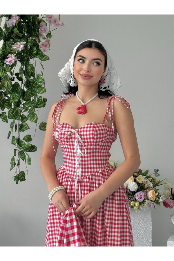 Yumak İp Askılı Elbise ETK-00956-kirmizi