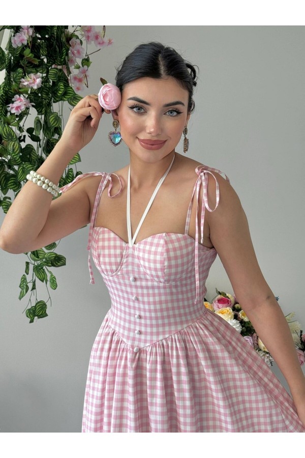 Yumak İp Askılı Elbise ETK-00956-pembe