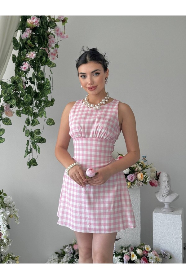 Yujas Bağlama Detaylı Elbise ETK-00961-pembe