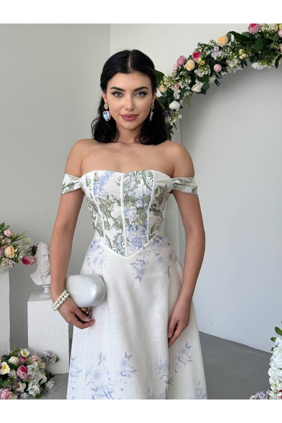 Henes Midi Elbise ETK-00968-cicek-desen