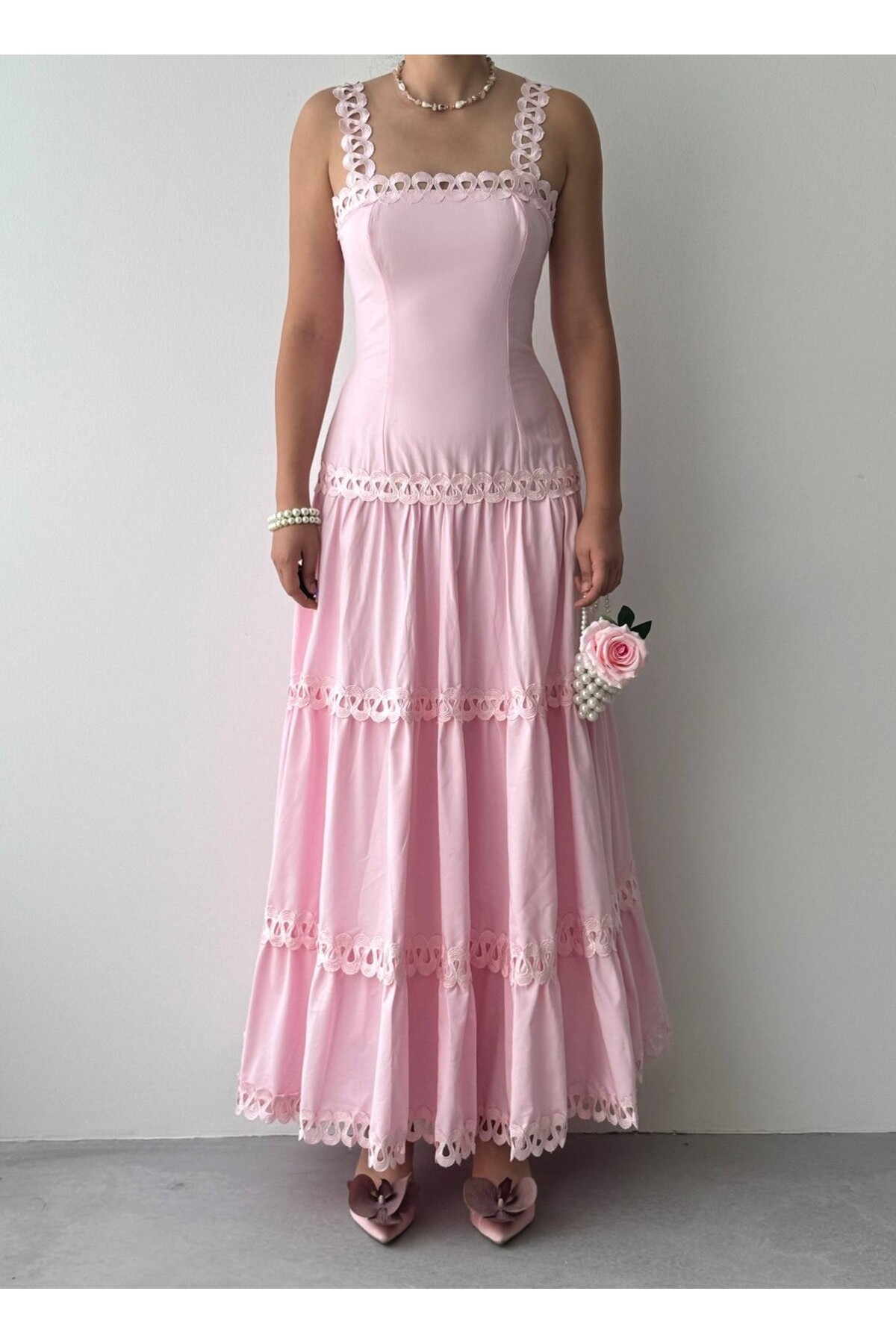 Crols Midi Elbise ETK-00982-pembe
