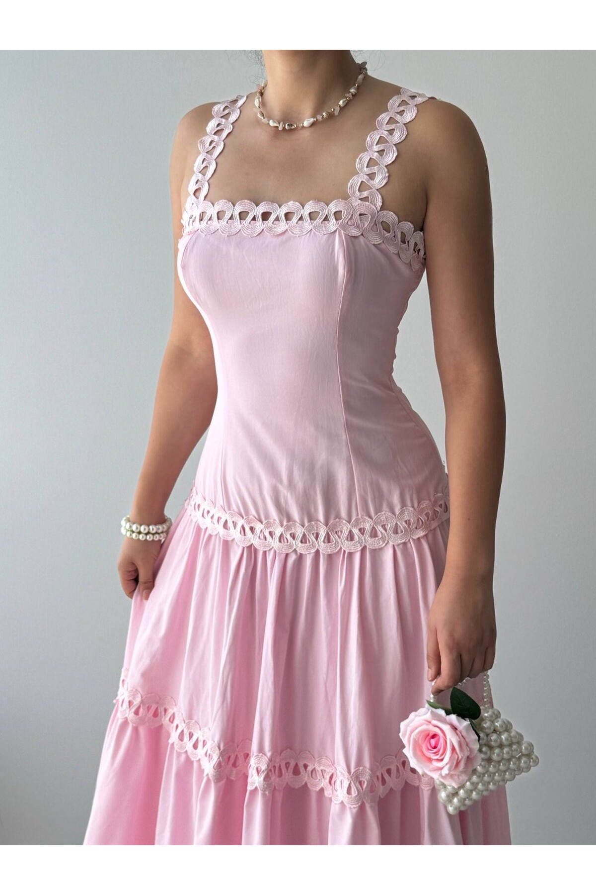 Crols Midi Elbise ETK-00982-pembe
