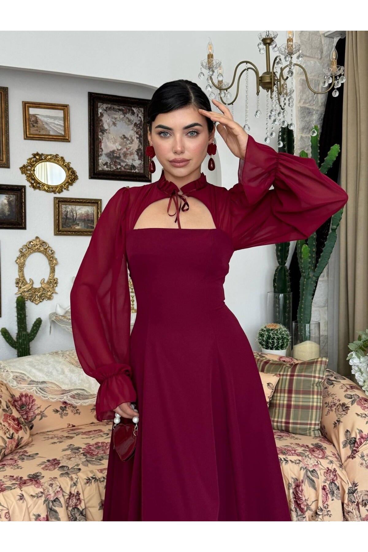 Wome Pelerin Detaylı Elbise ETK-00999-bordo